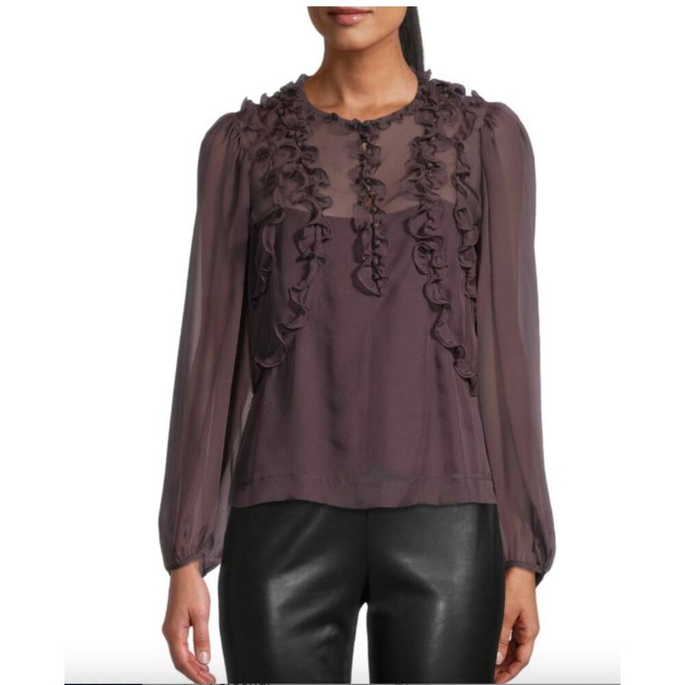 Rebecca Taylor Ruffled Chiffon Blouse in Cabernet Small